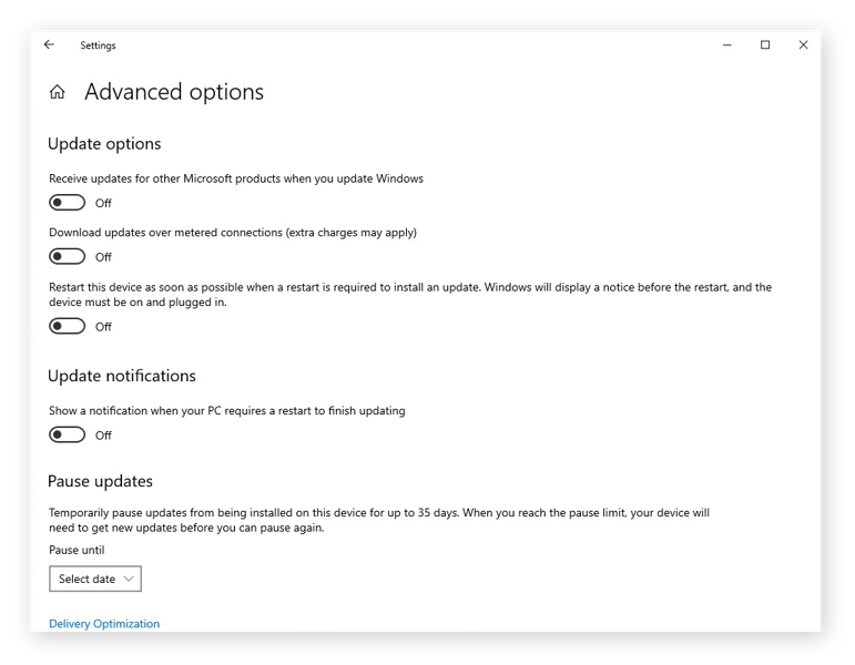 The advanced options for Windows Update in Windows 10