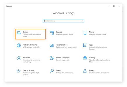 otevření nastavení systému v systému Windows 10