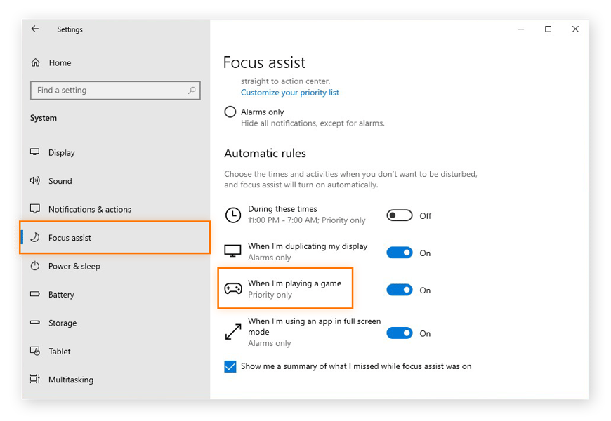 The Focus assist settings in Windows 10
