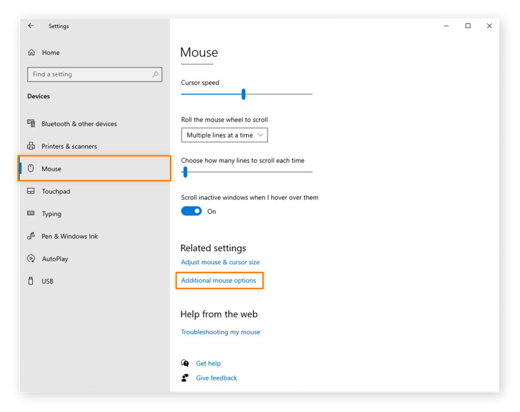 Editing the mouse settings in Windows 10