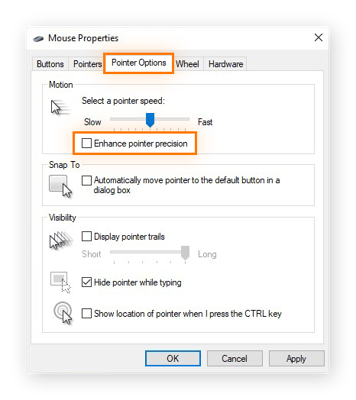 Deactivating pointer precision in the mouse settings for Windows 10
