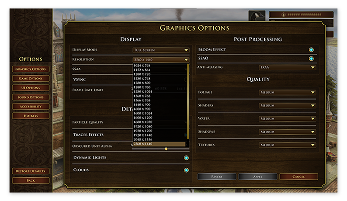 Opções de gráfico no Age of Empires III: Definitive Edition para Windows 10