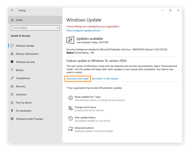 Auswählen zum Herunterladen und Installieren eines Windows 10-Softwareupdates