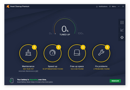  hjem-skjermen for Avast Cleanup For Windows 10