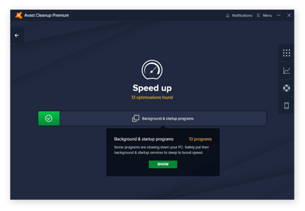 obrazovka zrychlení v Avast Cleanup Pro Windows 10