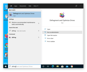 Suchen der App zum Defragmentieren und Optimieren von Laufwerken in Windows 10