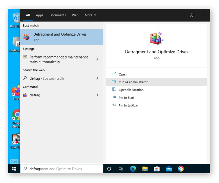 Suche der App „Laufwerke defragmentieren und optimieren“ in Windows 10