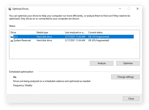 The Optimize Devices window in Windows 10
