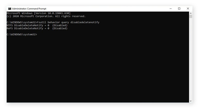 Confirming that TRIM is active in the Command Prompt for Windows 10
