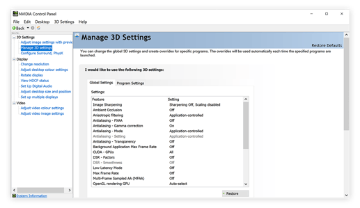  Le opzioni Gestisci impostazioni 3D nel pannello di controllo Nvidia per Windows 10