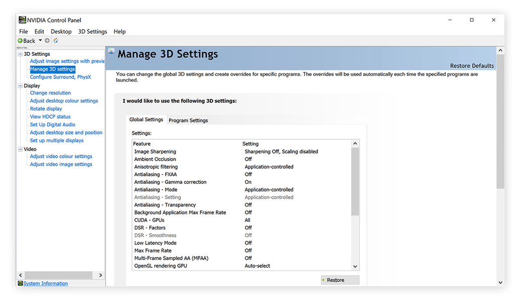The Manage 3D Settings options in the Nvidia control panel for Windows 10