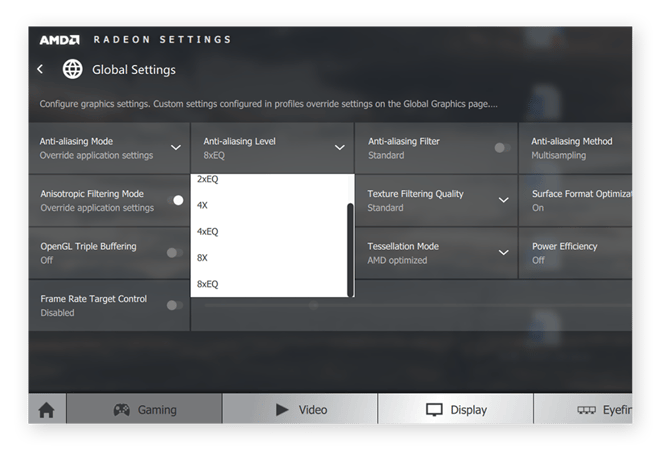 Adjusting anti-aliasing levels in the AMD Radeon control center for Windows