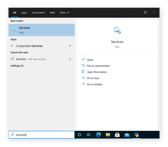 palvelusovelluksen löytäminen Windows 10 - hakukentästä