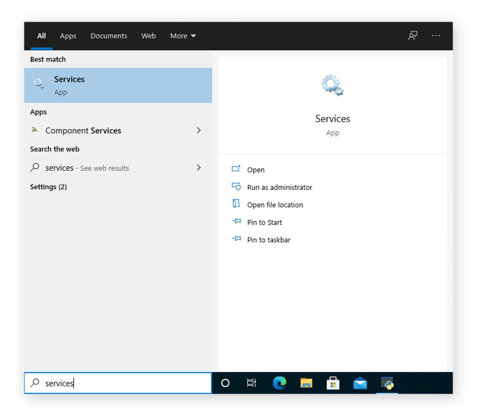 Finding the Services app from the Windows 10 search box