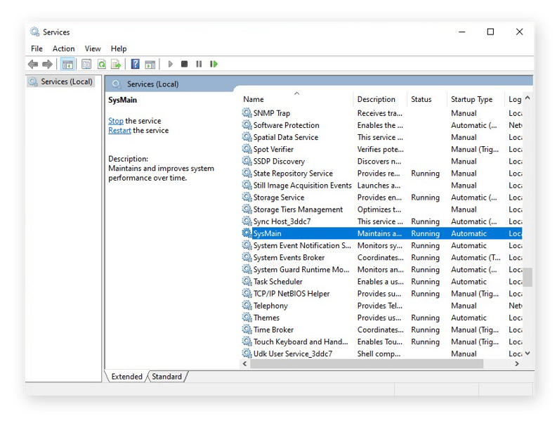 Finding the SysMain options in the Services app for Windows 10