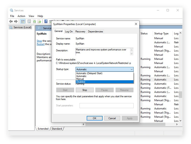 Desactivar SysMain desde la aplicación de Servicios en Windows 10
