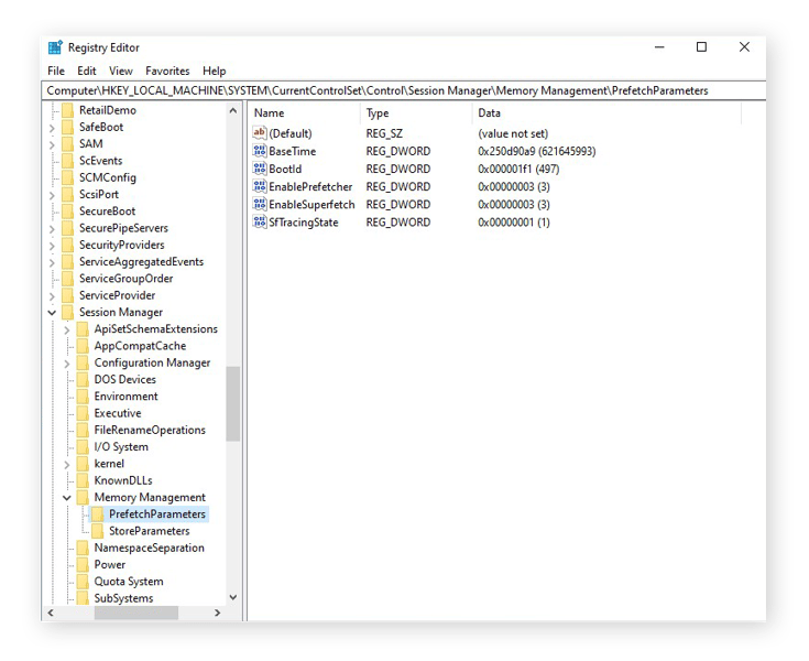 The Prefetch parameters in the Registry for Windows 10