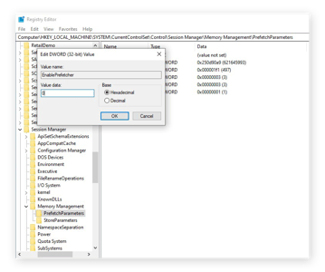 vypnutí Prefetch v registru v systému Windows 10