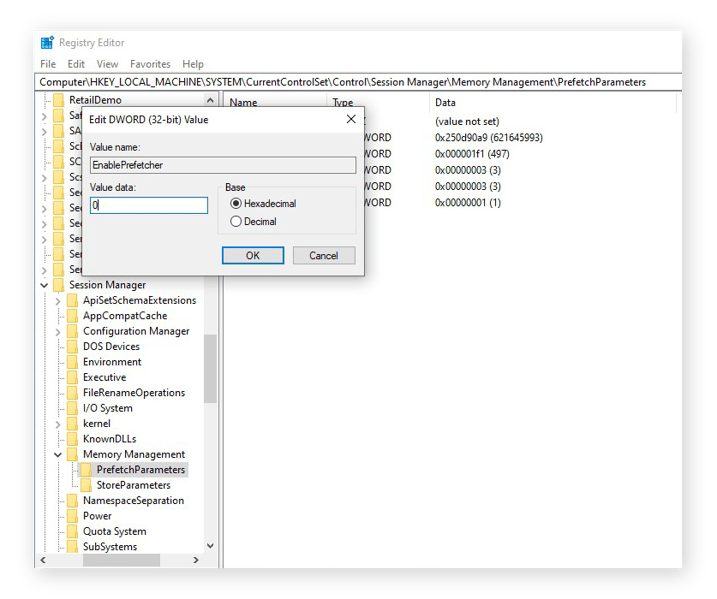 Turning Prefetch off in the Registry in Windows 10