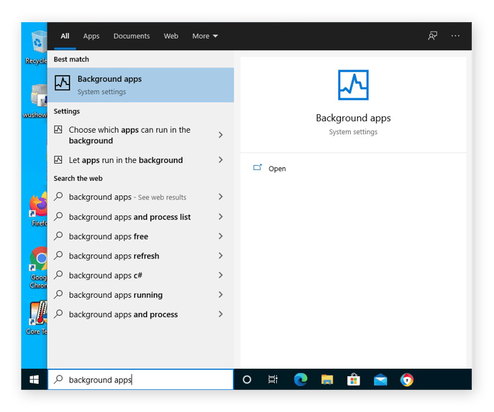 Opening the Background apps settings from the Windows search box in Windows 10