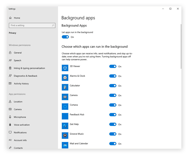 The Background apps settings in Windows 10