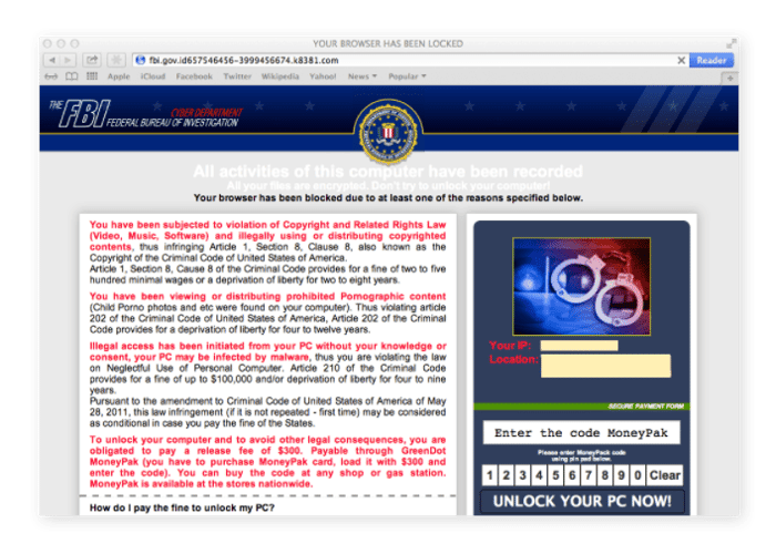 The FBI / MoneyPak scam demands payment to unlock the Safari browser.