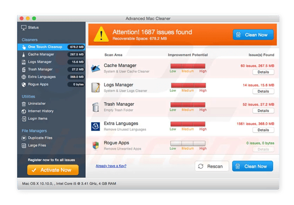 Advanced Mac Cleaner displays fake issues to scare users into paying for a bogus solution.