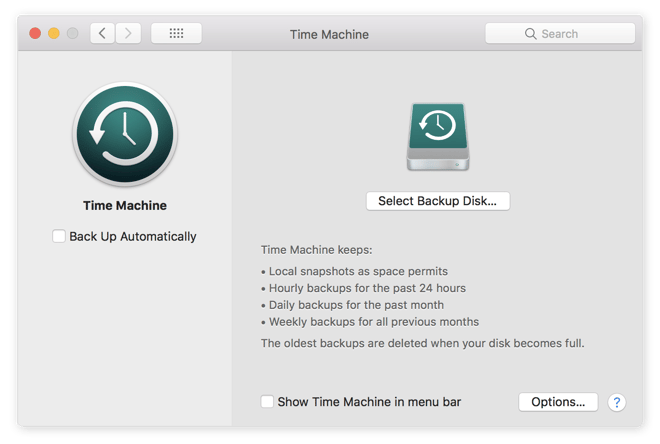 Check that your Mac's Time Machine is backing up your system automatically.