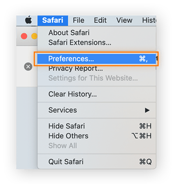 Écran d’accueil du navigateur Internet Safari avec Safari sélectionné dans la barre de menu supérieure et Préférences sélectionné dans le menu déroulant de Safari.