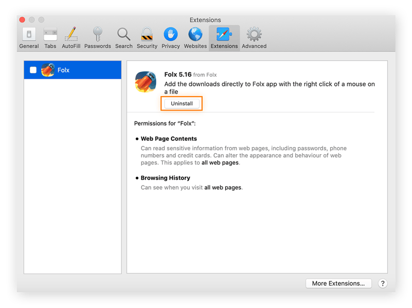 Deinstallieren von Browsererweiterungen in Safari unter macOS