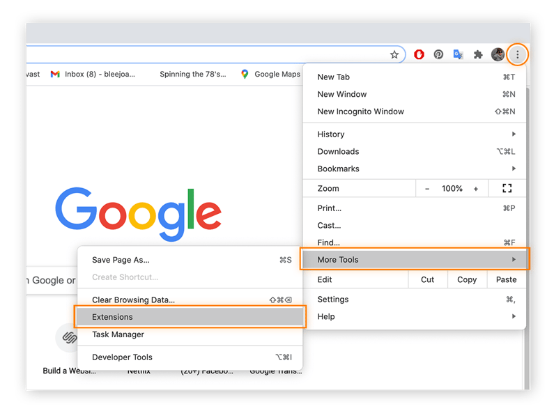 Página de inicio del navegador web Google Chrome. Se abre el menú de la parte superior derecha de la página y se selecciona «Más herramientas» en un menú desplegable. Esto abre un segundo menú desplegable en el que se selecciona «Extensiones».