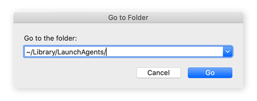 Go to Folder dialogue box open with 'tilda, backslash, Library, backslash, Launch Agents, backslash typed into the search bar.