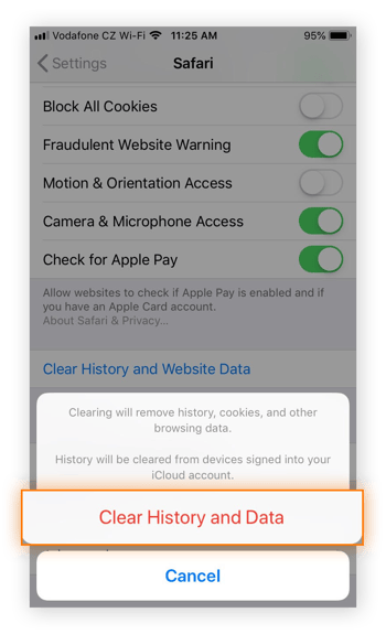 El mensaje «Borrar historial y datos» en el menú de Safari en iOS