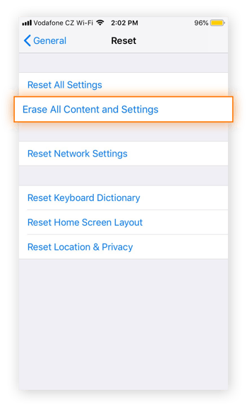 The Reset menu within the General Settings of iOS 12.4