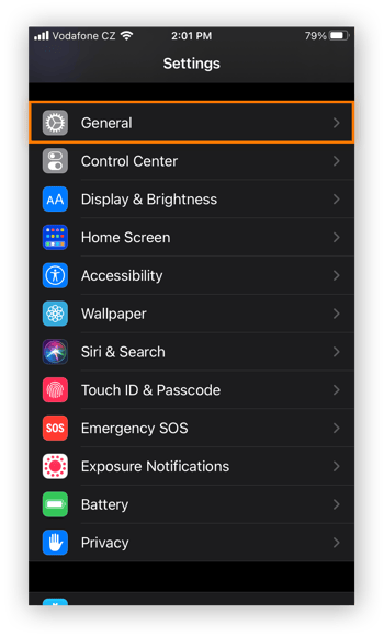 Opening the General settings in the Settings app for iOS