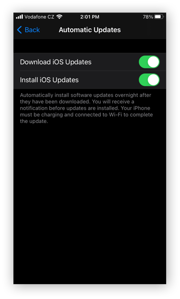 As configurações de Atualizações automáticas no aplicativo Ajustes do iOS