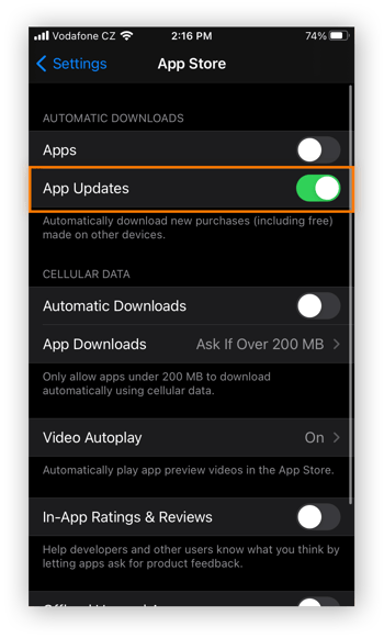 La configuración de App Store en la aplicación Ajustes de iOS