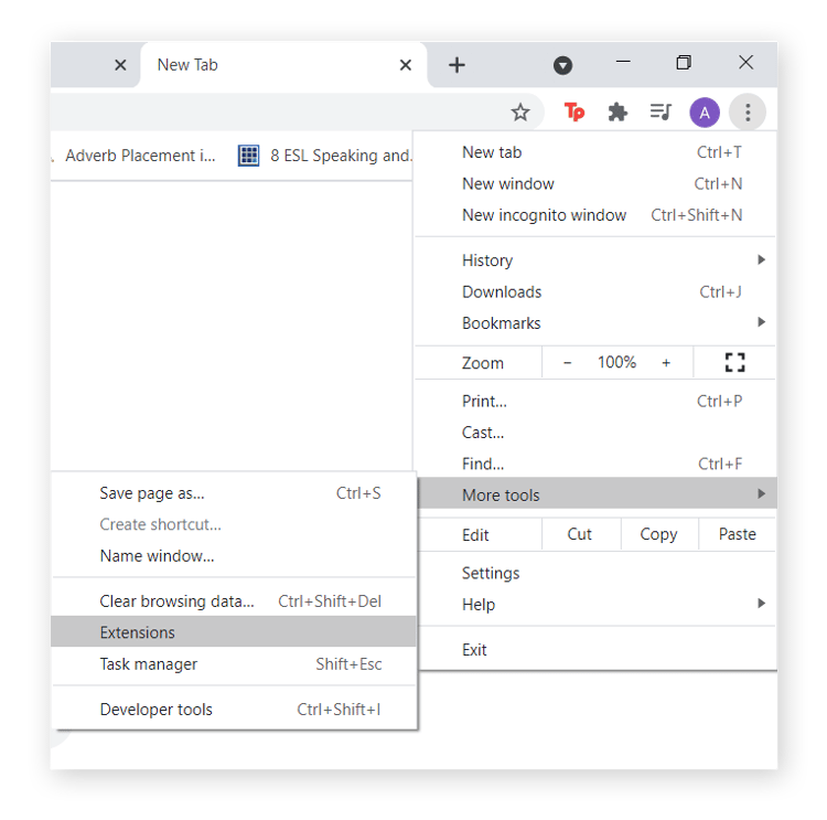 Seleccione «Más herramientas» en la barra desplegable y vaya a «Extensiones».