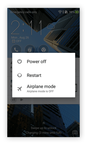 Power off, restart, and airplane mode options in Android 7