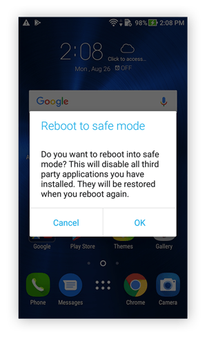 Confirming the reboot into safe mode on Android 7