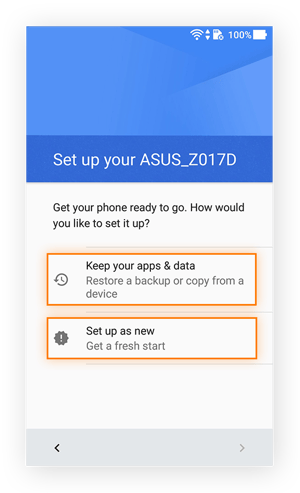 The initial setup procedures for an Asus phone running Android 7