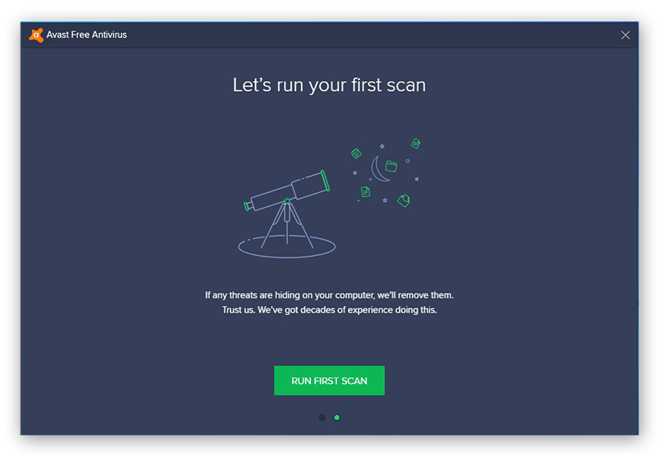 Running the first computer scan in Avast Free Antivirus after installing the program