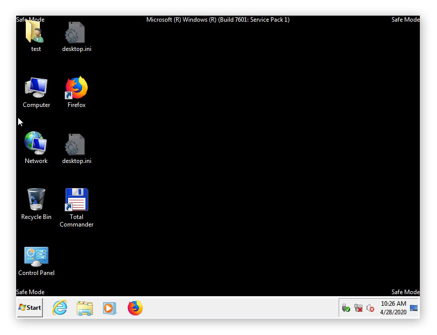 The desktop of a computer running Windows 7 in Safe Mode. The phrase "Safe Mode" is visible in all four corners.