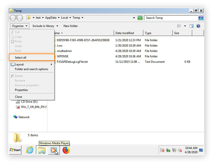 Sélection de tous les fichiers temporaires du dossier Temp dans Windows 7 via le menu déroulant Organiser