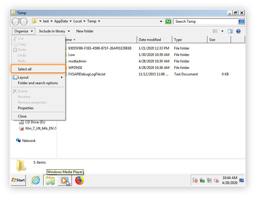 Selecting all temporary files in the Temp folder in Windows 7 by using the Organize drop-down menu