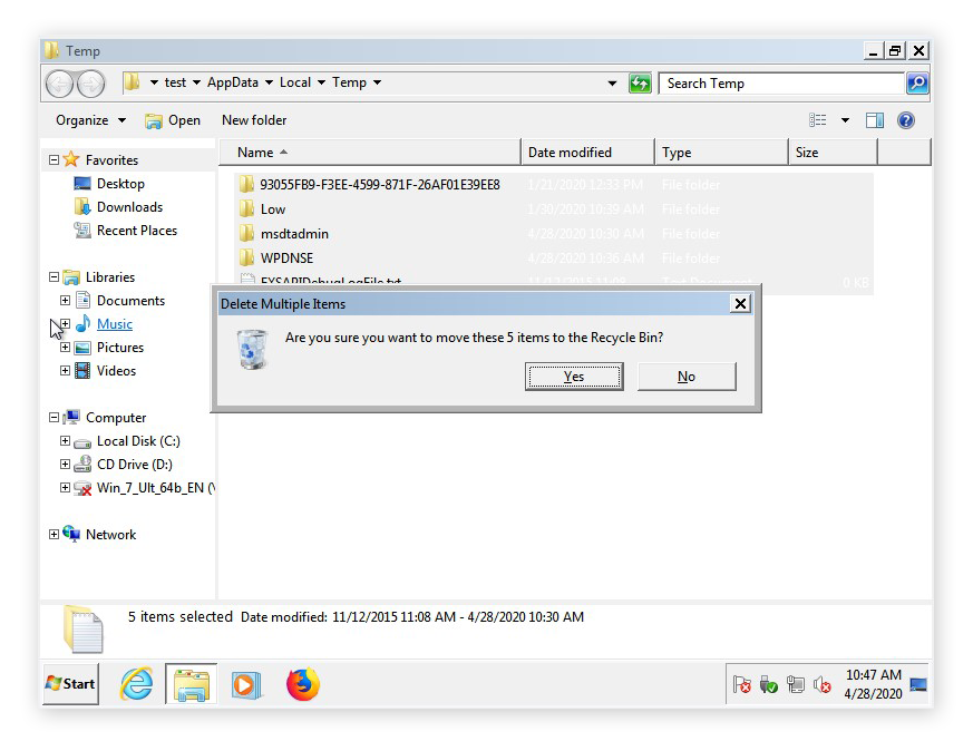 The confirmation box shown when deleting temporary files in the Temp folder in Windows 7