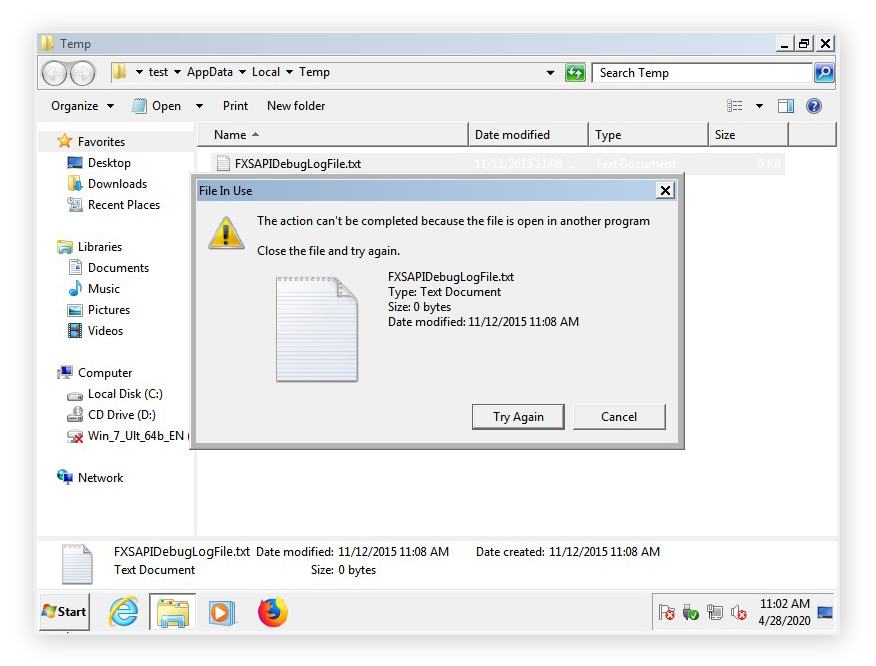 The File In Use alert that may be shown when deleting temporary files in Windows 7