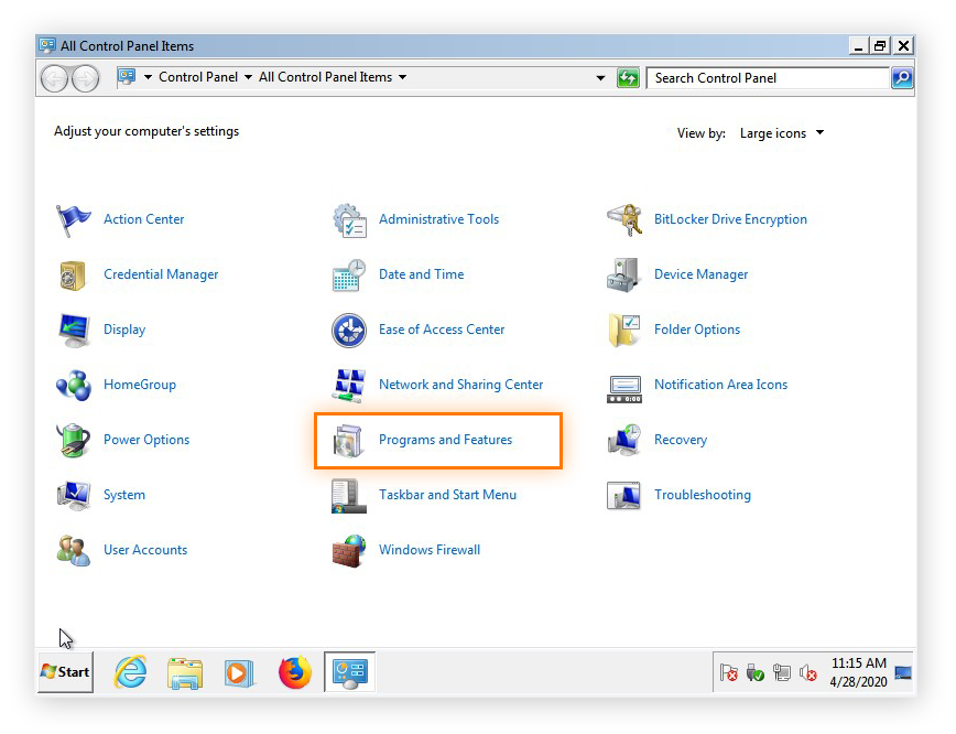 Ouverture des paramètres Programmes et fonctionnalités dans le Panneau de configuration de Windows 7