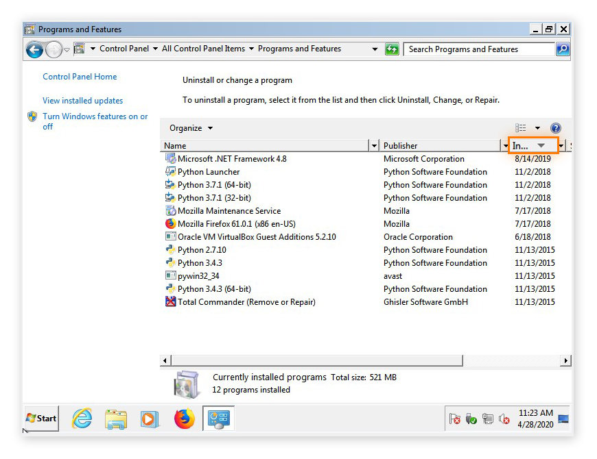 Tri des programmes par date d’installation dans la catégorie Programmes et fonctionnalités du Panneau de configuration de Windows 7