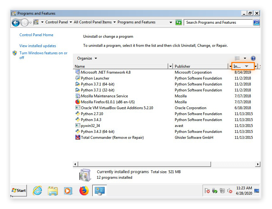 Sorting programs by install date in the Programs and Features section of the Control Panel in Windows 7